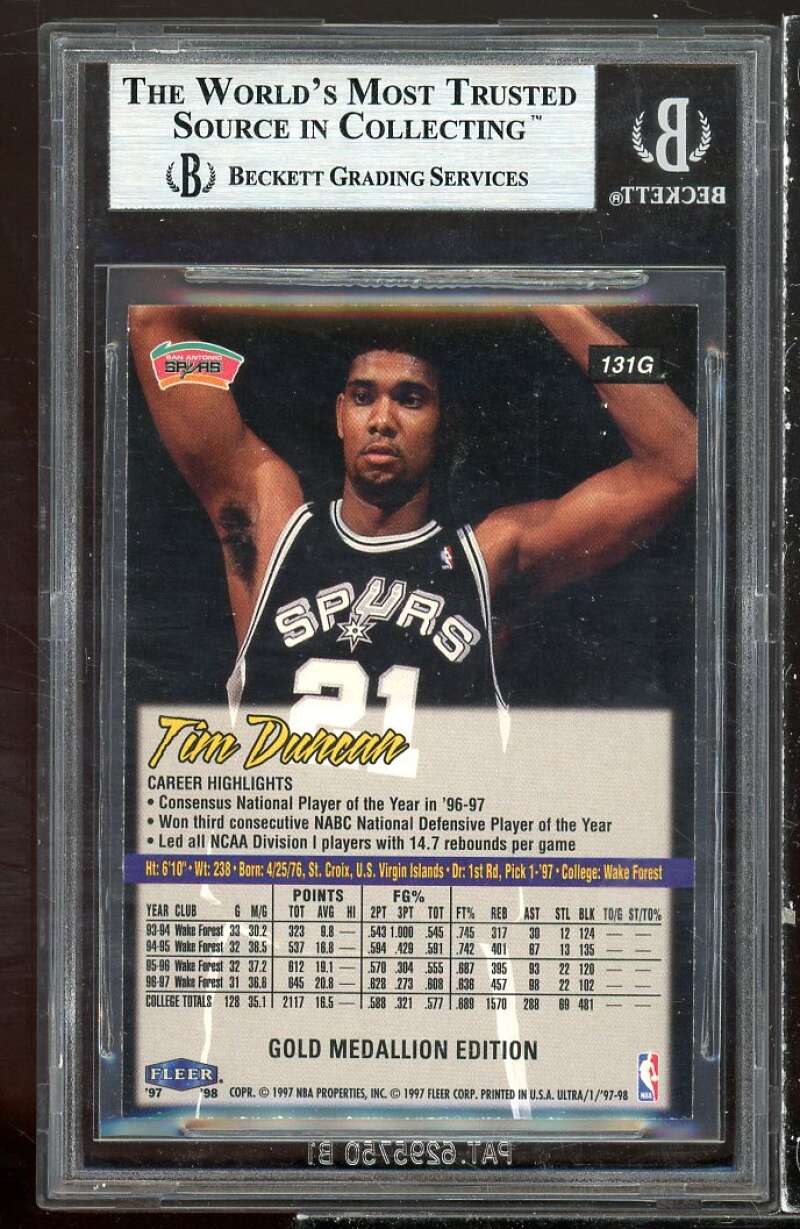 Tim Duncan Rookie Card 1997-98 Ultra Gold Medallion #131 BGS 9 (9 9 9 9) Image 2