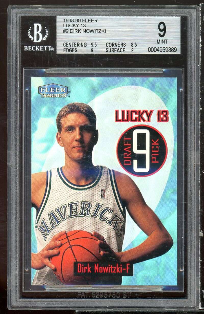 Dirk Nowitzki Rookie Card 1998-99 Fleer Lucky 13 #9 bgs 9 (9.5 8.5 9 9) Image 1