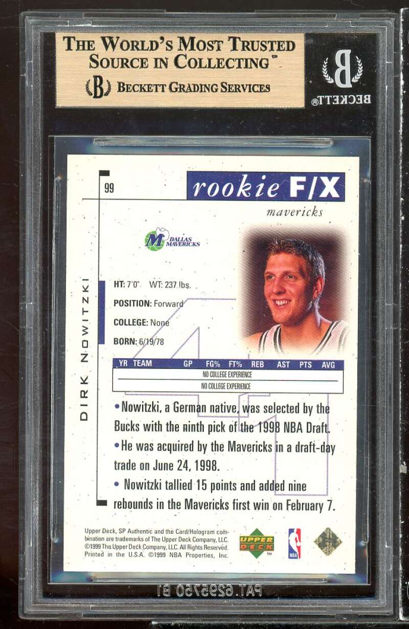 Dirk Nowitzki Rookie Card 1998-99 SP Authentic #99 BGS 9.5 (9.5 9.5 9 9.5) Image 2