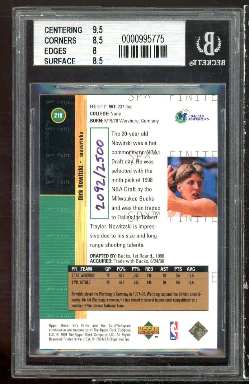 Dirk Nowitzki Rookie Card 1998-99 SPX Finite #219 BGS 8.5 (9.5 8.5 8 8.5) Image 2