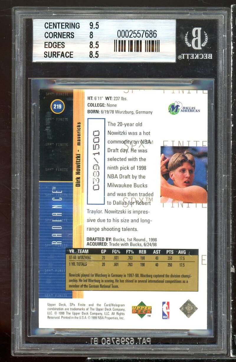 Dirk Nowitzki Rookie 1998-99 SPX Finite Radiance #219 BGS 8.5 (9.5 8 8.5 8.5) Image 2