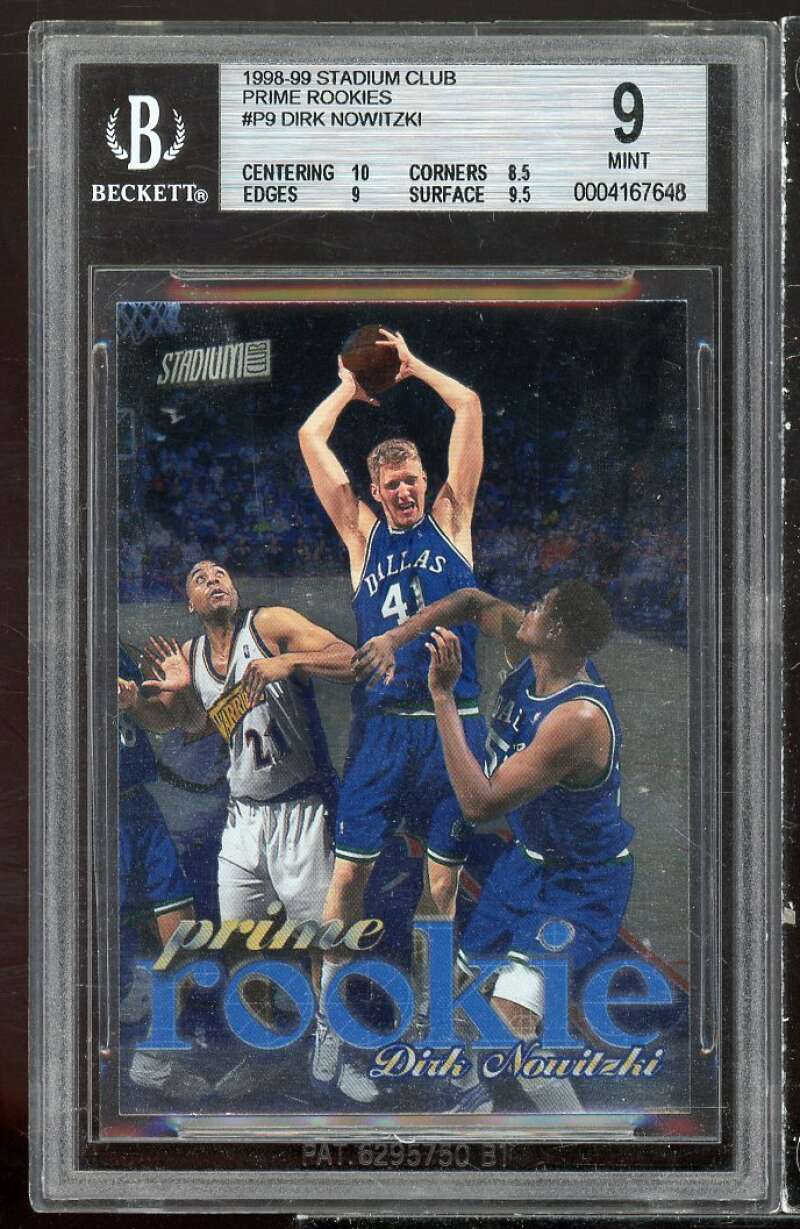 Dirk Nowitzki Rookie 1998-99 Stadium Club Prime Rookies #p9 BGS 9 (10 8.5 9 9.5) Image 1