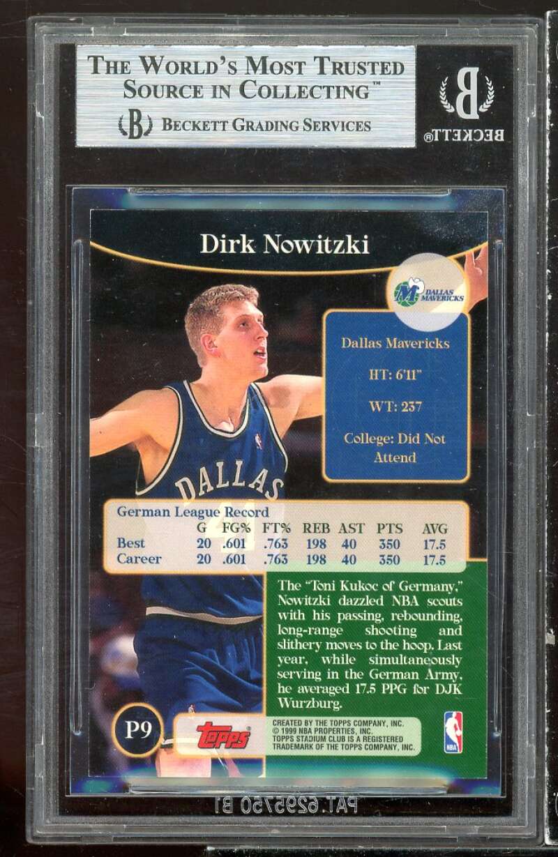 Dirk Nowitzki Rookie 1998-99 Stadium Club Prime Rookies #p9 BGS 9 (10 8.5 9 9.5) Image 2