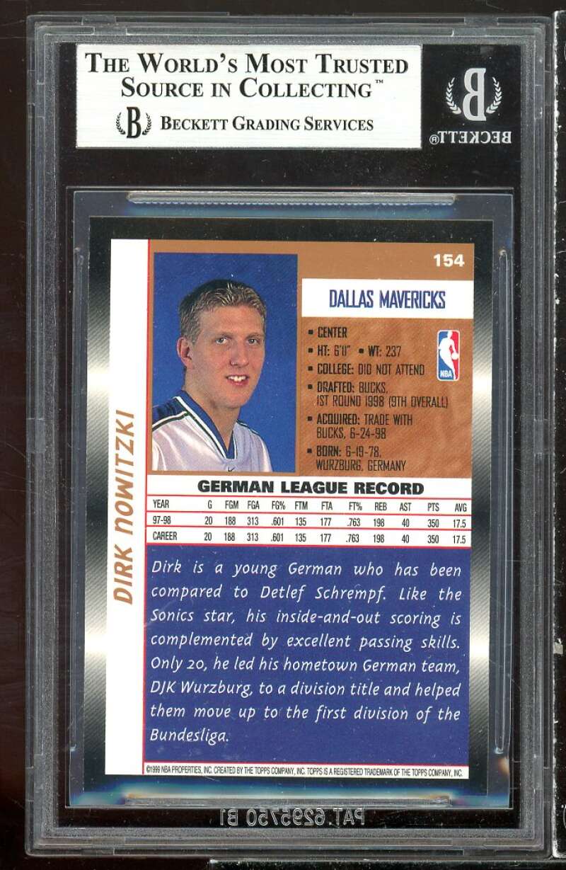 Dirk Nowitzki Rookie Card 1998-99 Topps #154 BGS 9 (8.5 9.5 9 9.5) Image 2