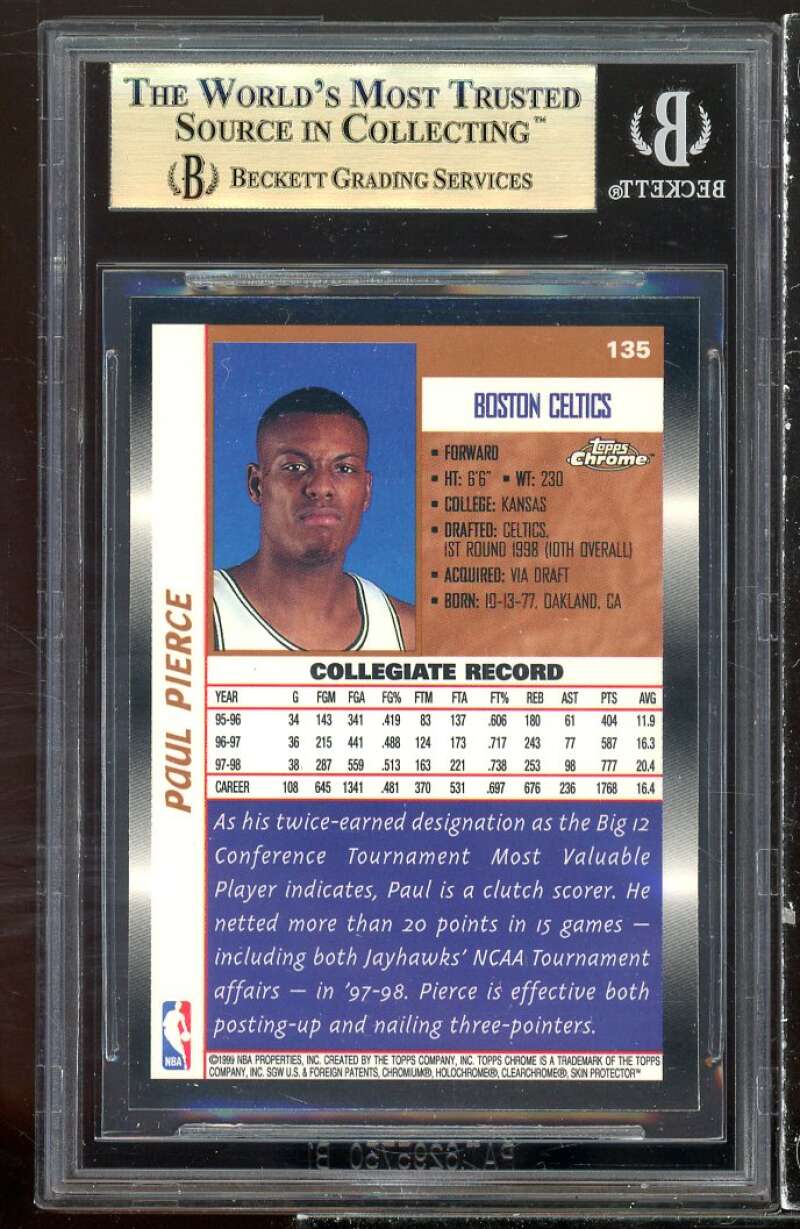 Paul Pierce Rookie Card 1998-99 Topps Chrome #135 BGS 9.5 (9.5 9.5 9.5 9) Image 2