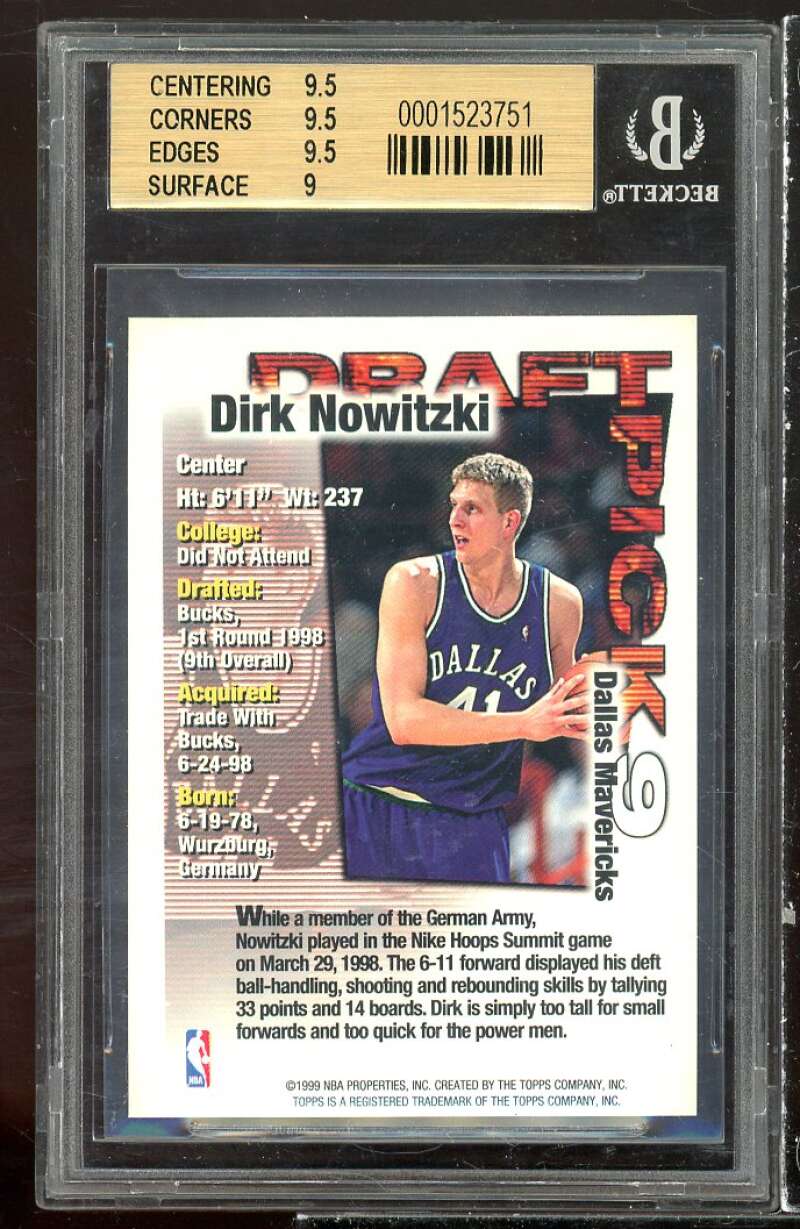 Dirk Nowitzki Rookie 1998-99 Topps Draft Redemption #9 BGS 9.5 (9.5 9.5 9.5 9) Image 2