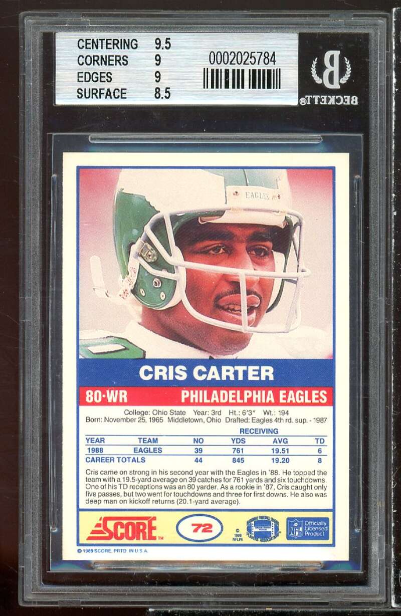 Cris Carter Rookie Card 1989 Score #72 BGS 9 (9.5 9 9 8.5) Image 2