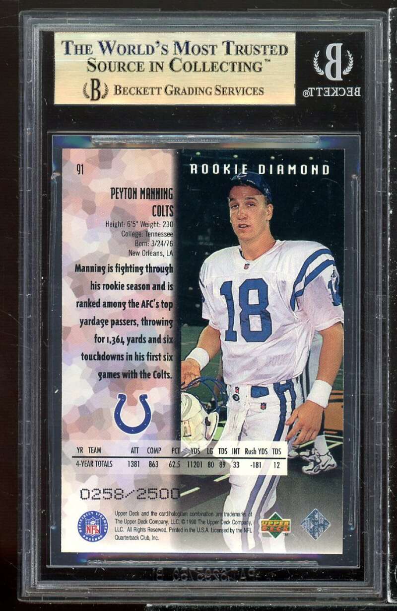 Peyton Manning Rookie Card 1998 Black Diamond Rookies Double #91 BGS 9.5 Image 2