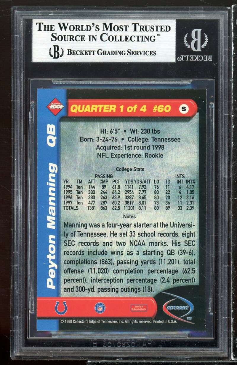 Peyton Manning Rookie Card 1998 Collector's Edge Odyssey #60 BGS 9 Image 2