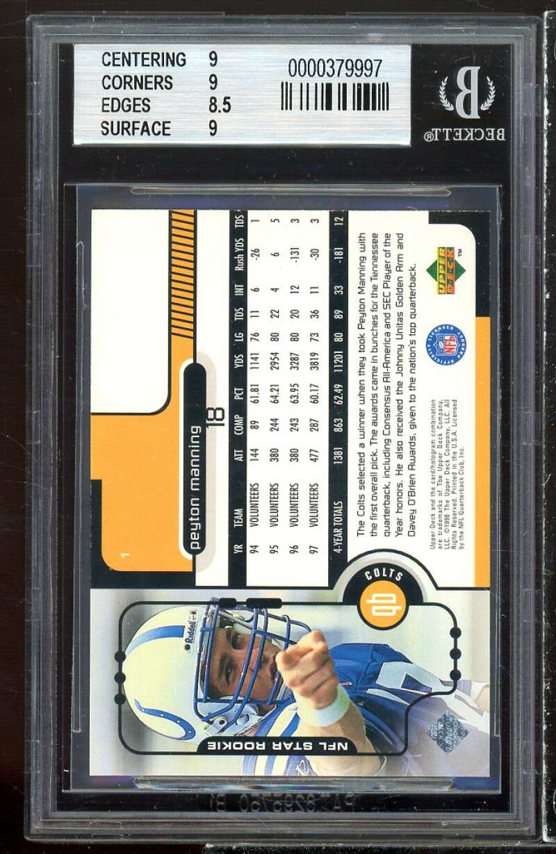 Peyton Manning Rookie Card 1998 Upper #1 BGS 9 (9 9 8.5 9) Image 2