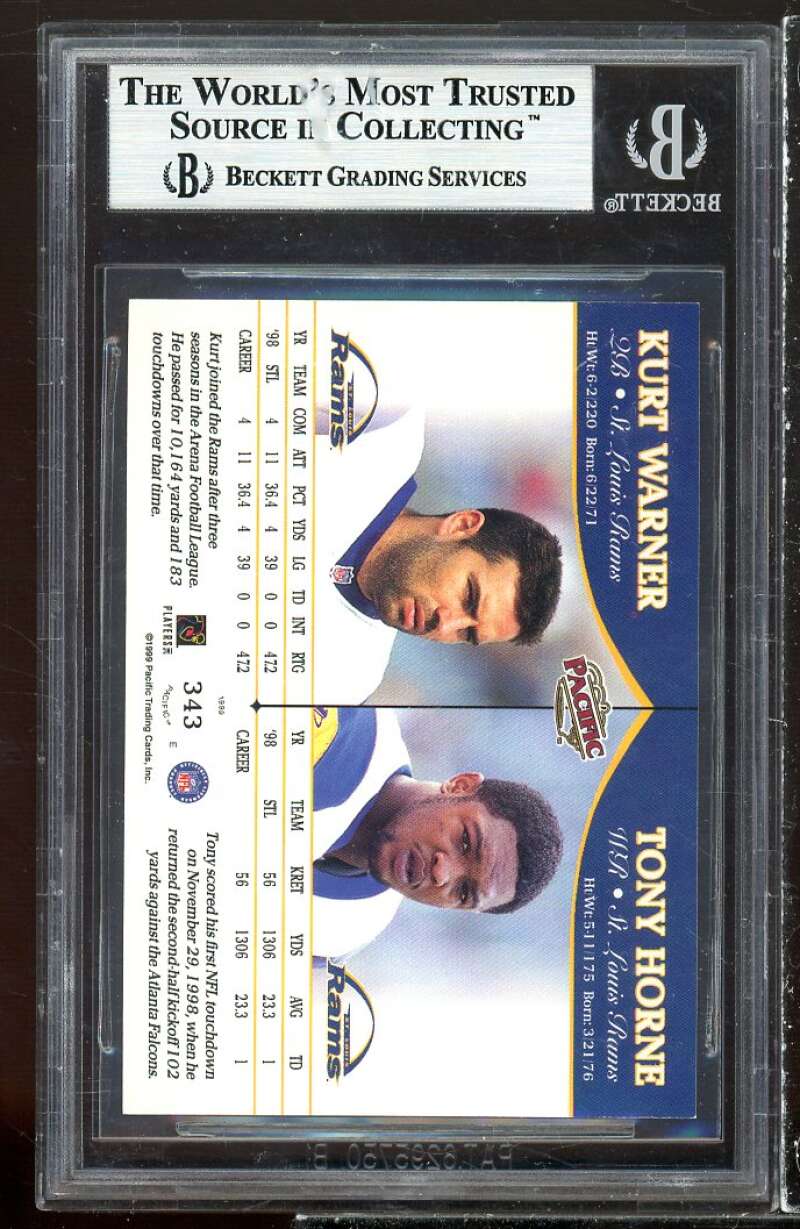 Kurt Warner Rookie Card 1999 Pacific #343 BGS 9 (9.5 8.5 9 9) Image 2