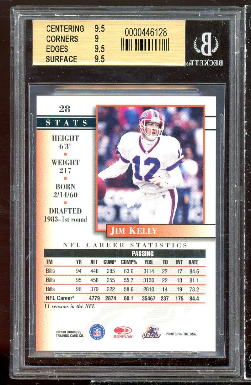 Jim Kelly Card 2000 Donruss Preferred Graded Series #28 BGS 9.5 (9.5 9 9.5 9.5) Image 2