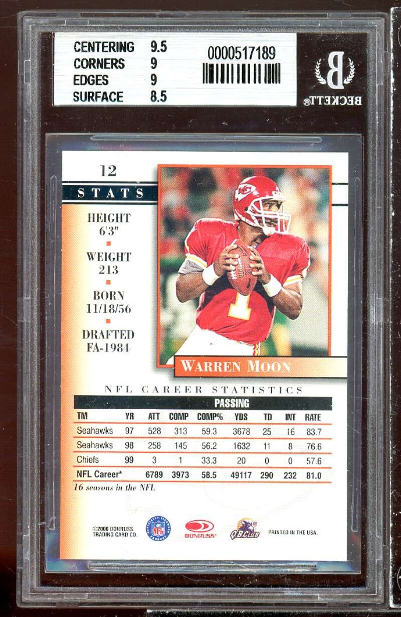 Warren Moon Card 2000 Donruss Preferred Graded Series #22 BGS 9 (9.5 9 9 8.5) Image 2