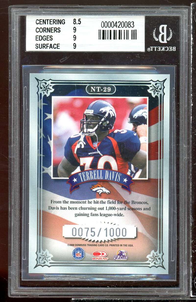 Terrell Davis 2000 Donruss Preffered National Treasures Graded Series #29 BGS 9 Image 2