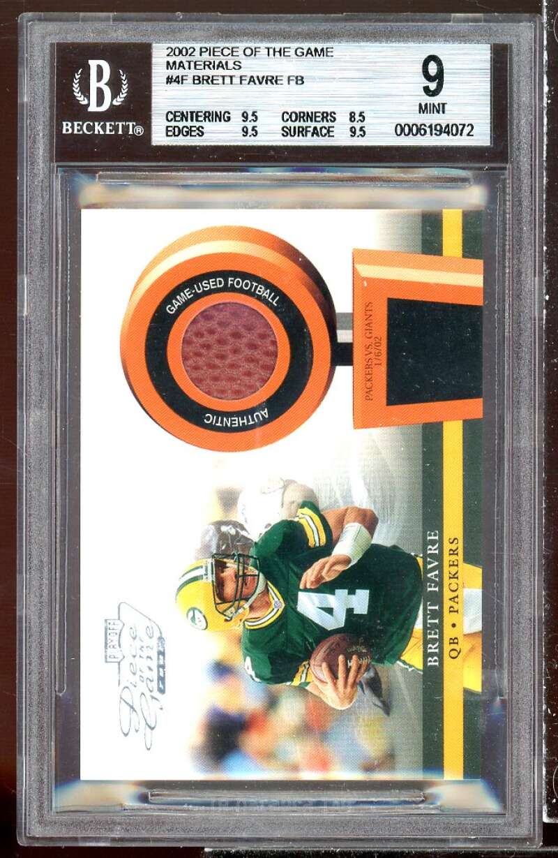 Brett Favre Card 2002 Piece of the Game Materials #4f BGS 9 (9.5 8.5 9.5 9.5) Image 1