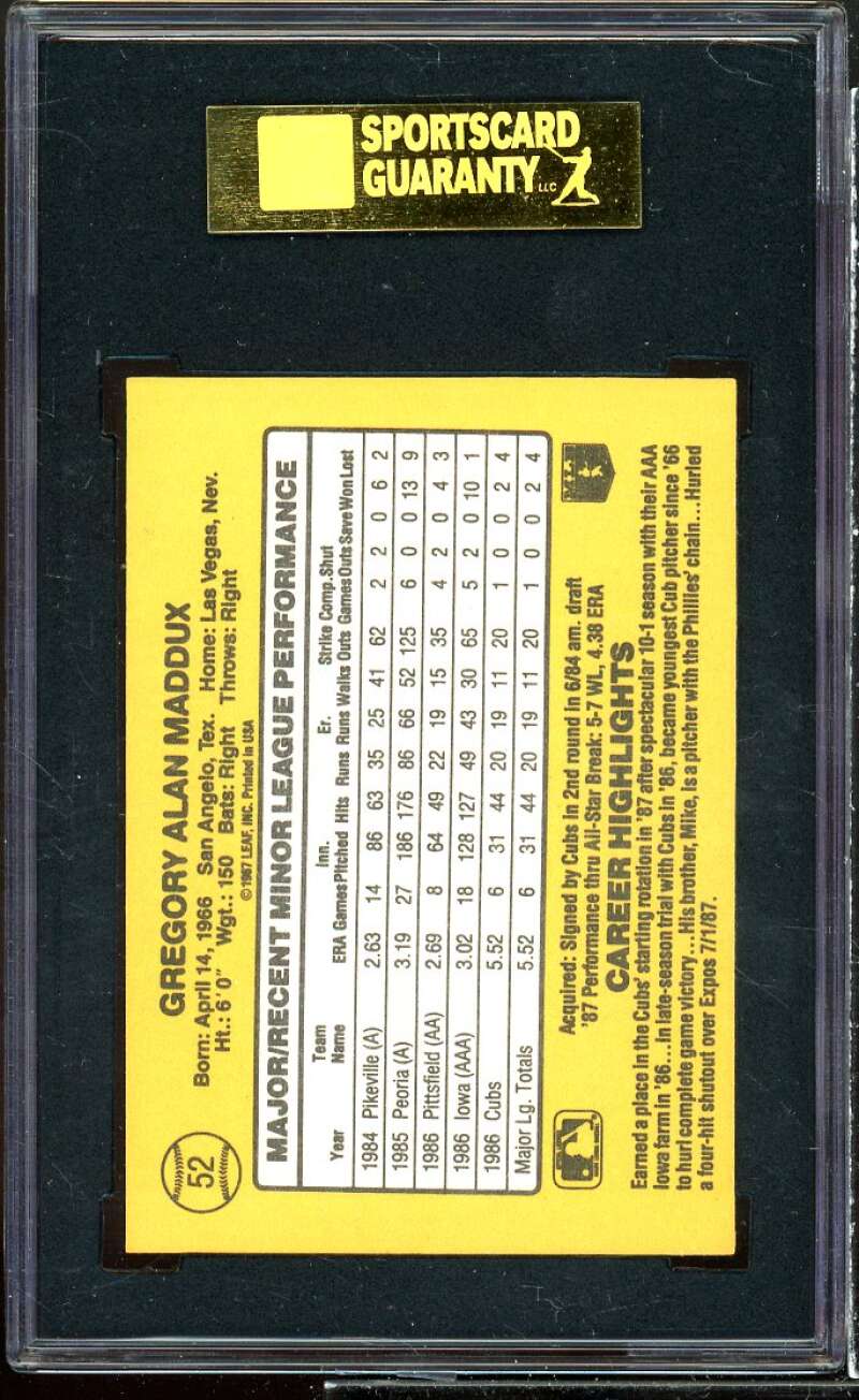 Greg Maddux Rookie Card 1987 Donruss Rookies #52 SGC 9 MINT Image 2