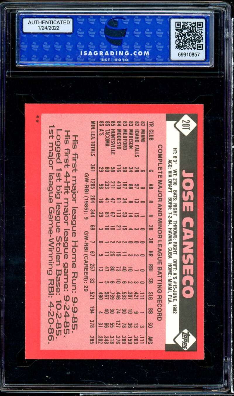 Jose Canseco Rookie Card 1986 Topps Traded #20t ISA 10 GEM MT Image 2