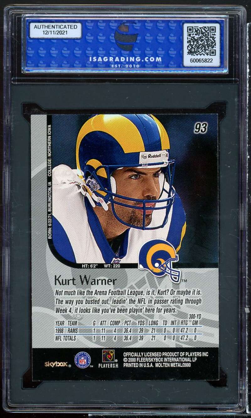 Kurt Warner Rookie Card 1999 Skybox Molten Metal #93 ISA 8.5 NM-MT+ Image 2