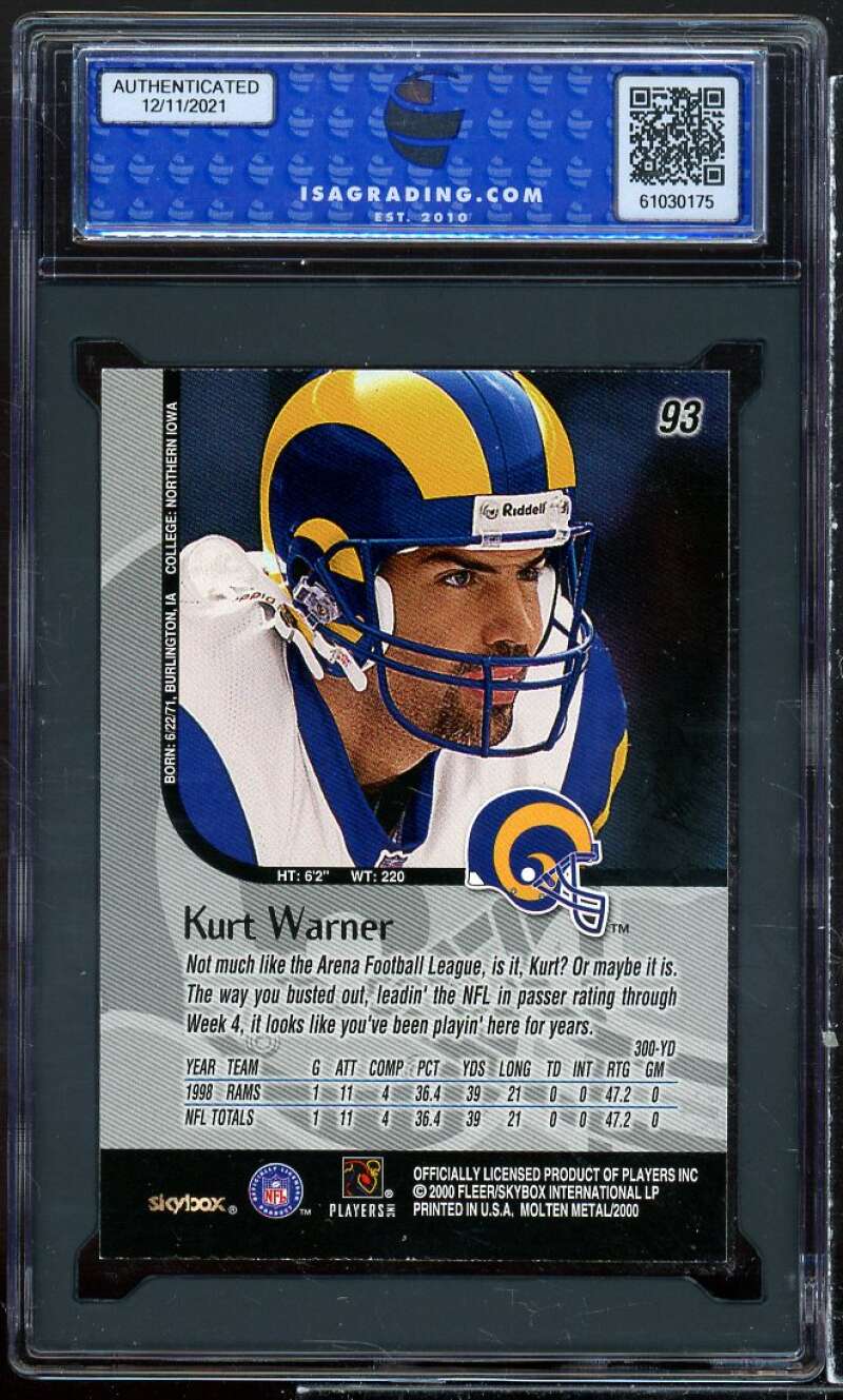 Kurt Warner Rookie Card 1999 Skybox Molten Metal #93 ISA 9 MINT Image 2