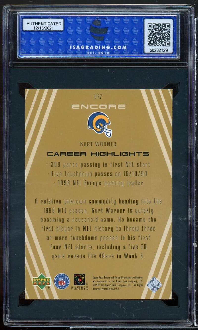 Kurt Warner Rookie Card 1999 Upper Deck Encore Upper Realm #ur7 ISA 10 GEM MT Image 2