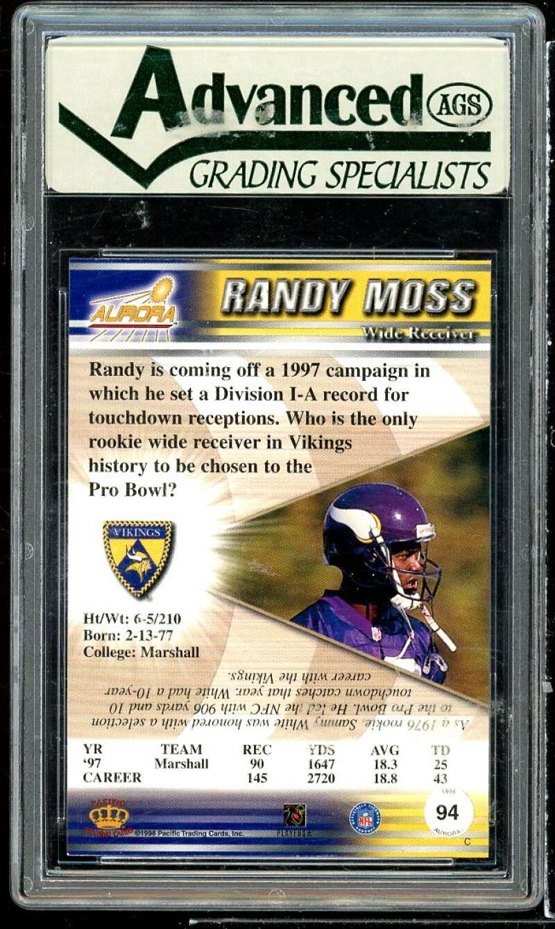 Randy Moss Rookie Card 1998 Aurora #94 AGS 10 GEM MT Image 2