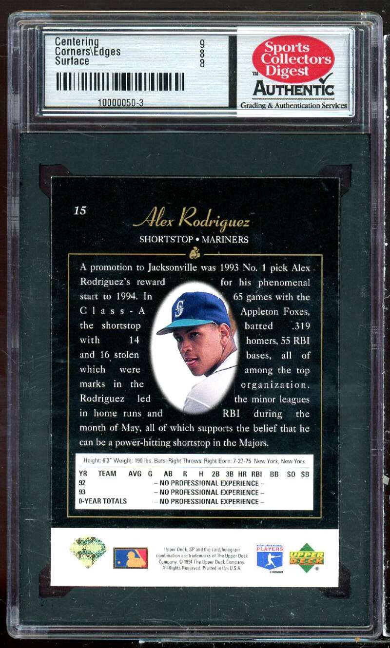 Alex Rodriguez Rookie Card 1994 SP #15 SCD 8 NM-MT Image 2