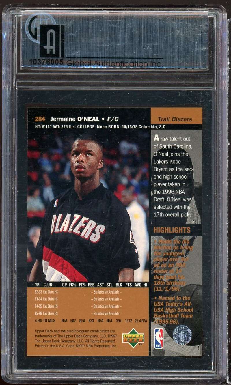 Jermaine O'neal Rookie Card 1996-97 Upper Deck #284 GAI 10 PERFECT Image 2