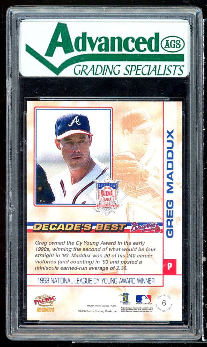 Greg Maddux Card 2001 Pacific NL Decade's Best #6 AGS 9 MINT Image 2