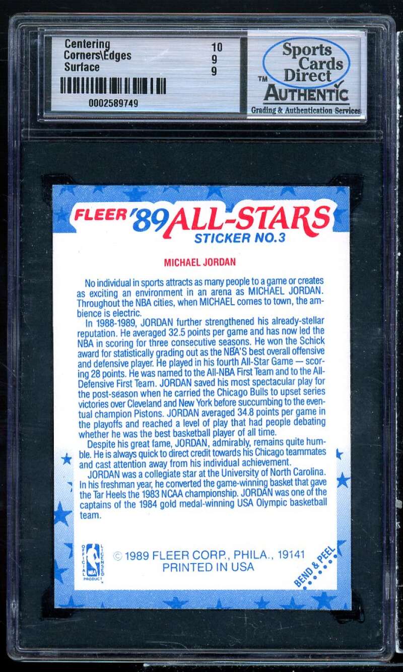 Michael Jordan Card 1989-90 Fleer Stickers #3 SCD 9 MINT Image 2