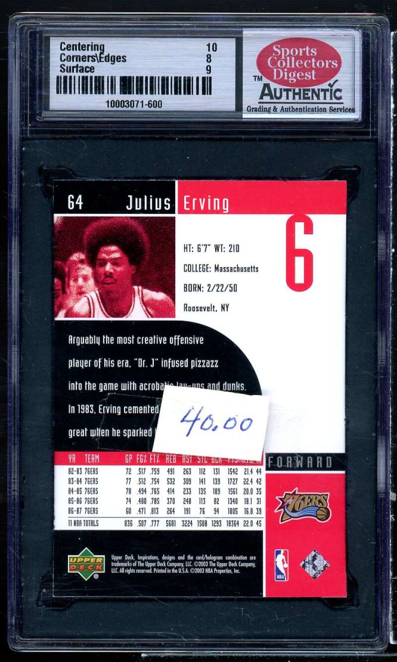 Julius Erving Card 2002-03 UD Inspirations #64 SCD 8.5 NM-MT+ Image 2