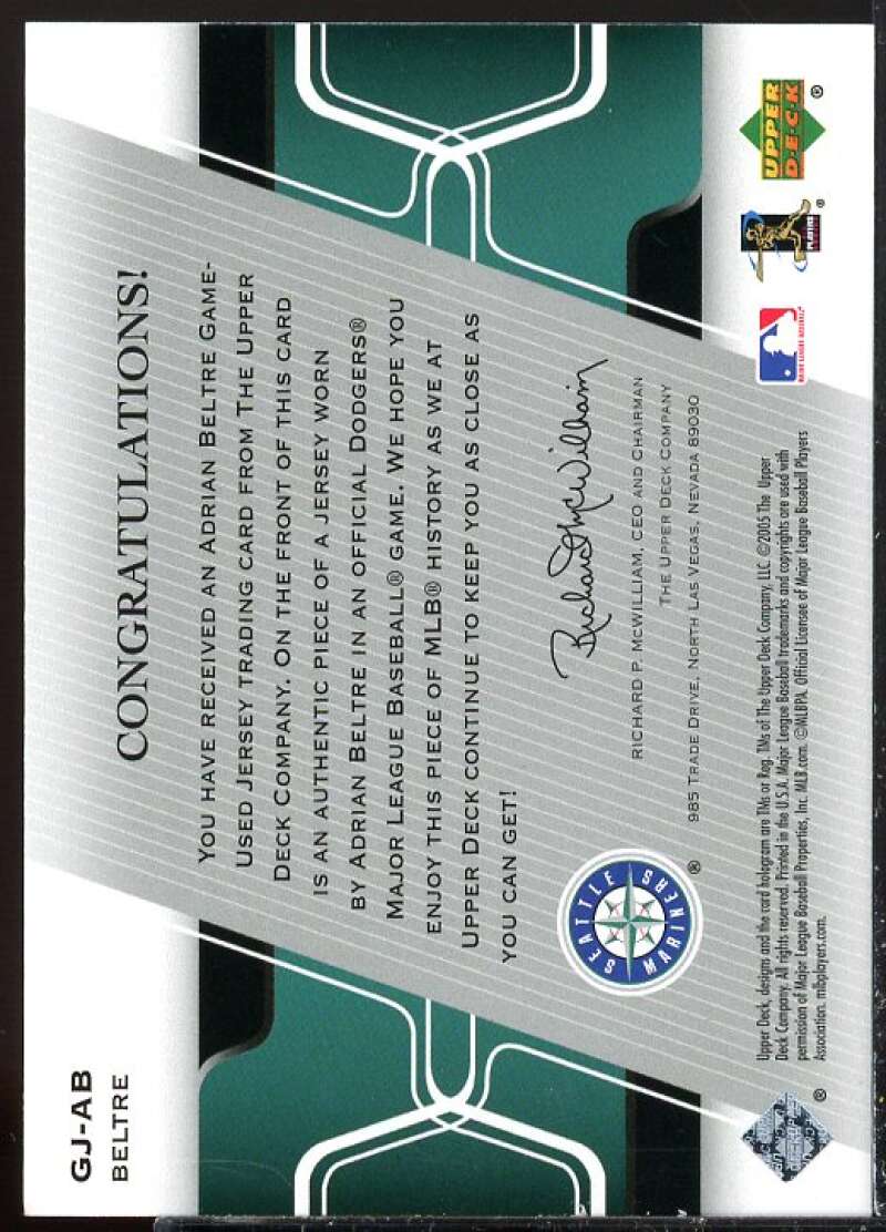 Adrian Beltre Card 2005 Upper Deck Game Jersey #AB  Image 2