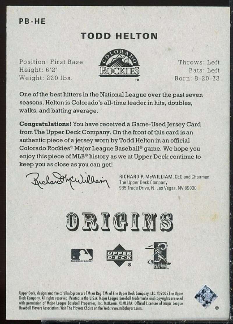 Todd Helton Card 2005 Origins Materials Jersey #HE  Image 2