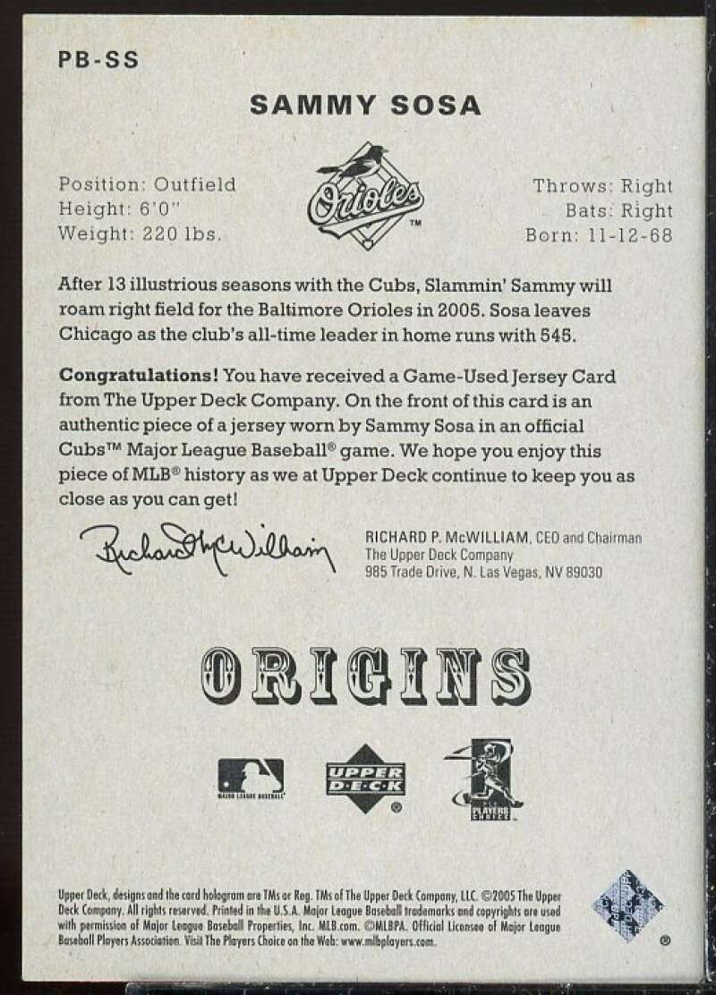 Sammy Sosa Card 2005 Origins Materials Jersey #SS  Image 2