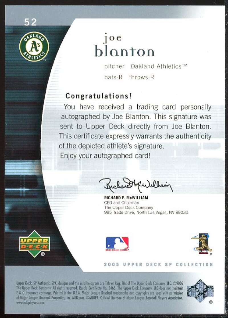 Joe Blanton Card 2005 SP Authentic Signature #52  Image 2