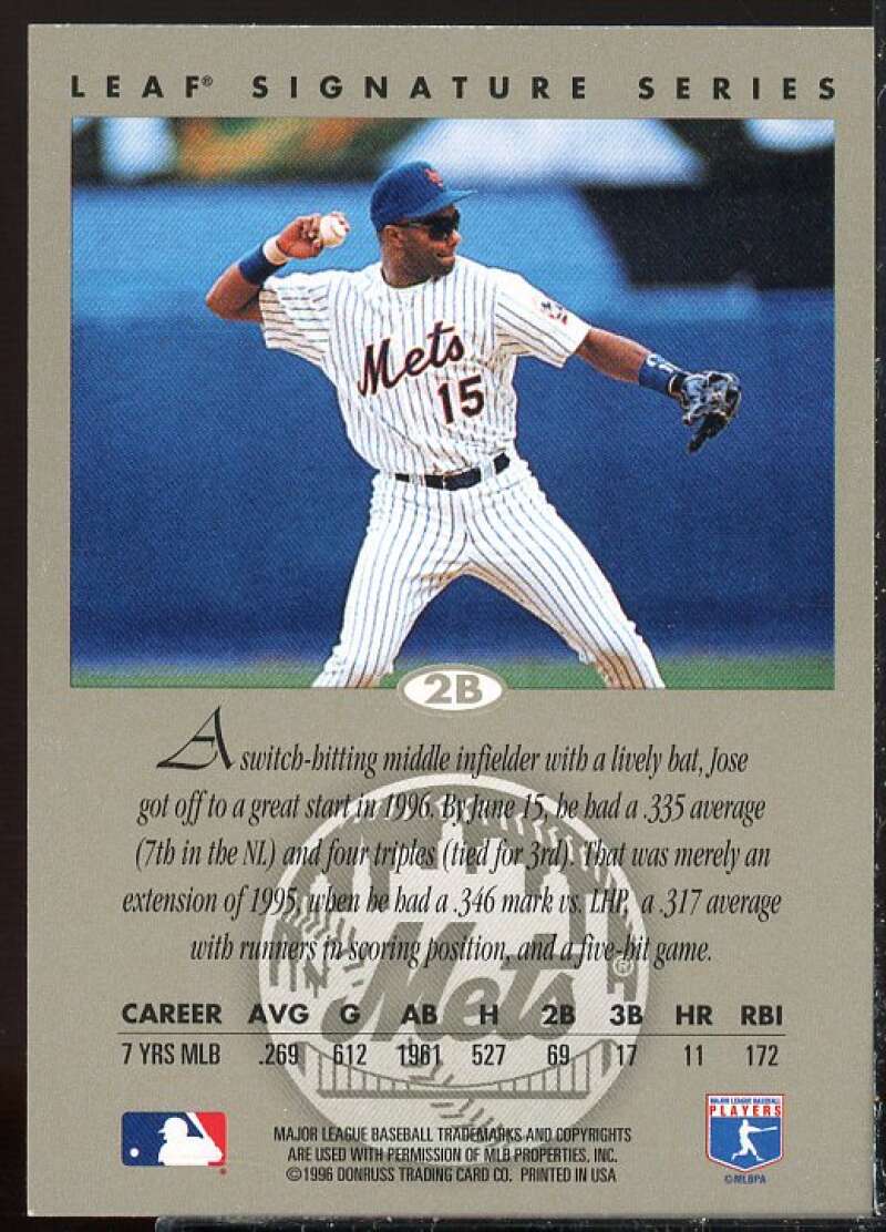 Jose Vizcaino Card 1996 Leaf Signature Autographs #233  Image 2