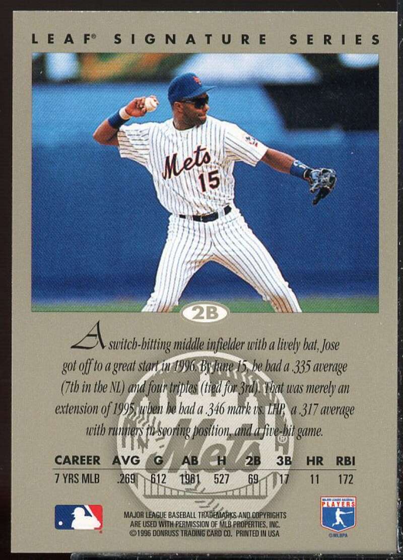 Jose Vizcaino Card 1996 Leaf Signature Autographs Silver #233  Image 2