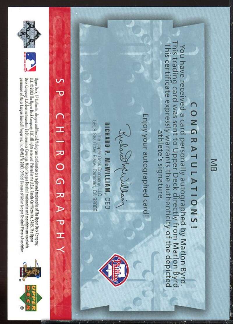 Marlon Byrd Card 2003 SP Authentic Chirography Young Stars #MB  Image 2