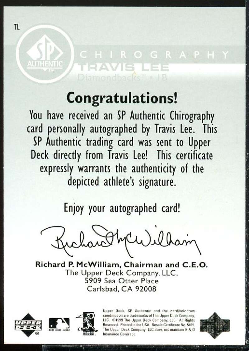 Travis Lee Card 1999 SP Authentic Chirography #TL  Image 2