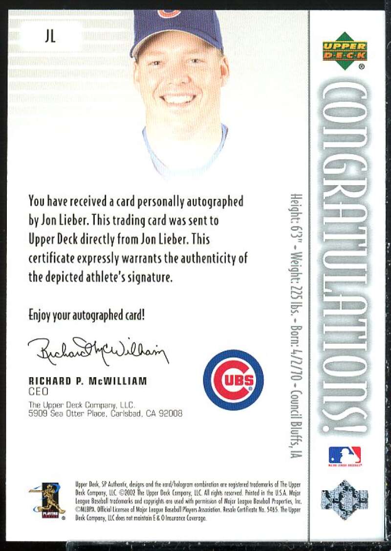 Jon Lieber Card 2002 SP Authentic Chirography #JL  Image 2