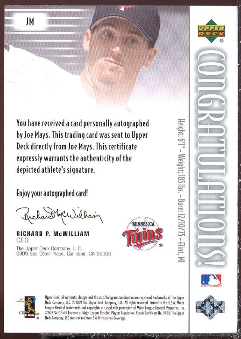 Joe Mays Card 2002 SP Authentic Chirography #JM  Image 2