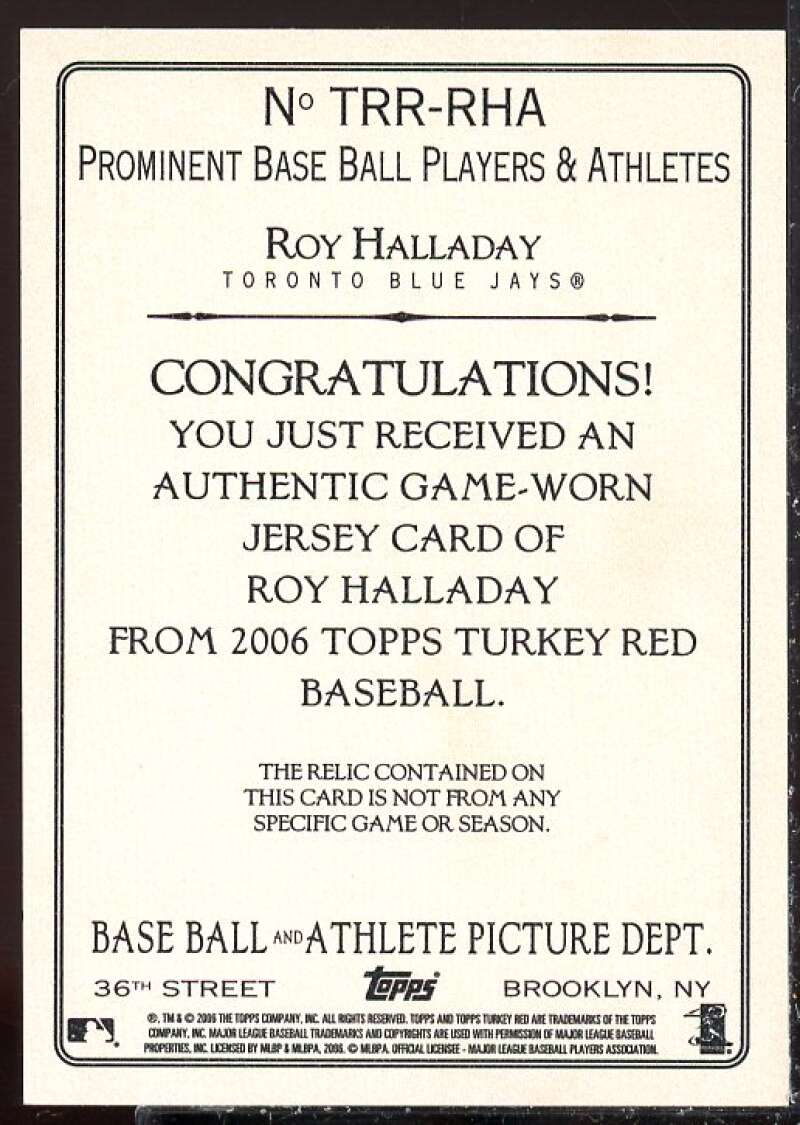Roy Halladay Card 2006 Topps Turkey Red Relics #RHA  Image 2