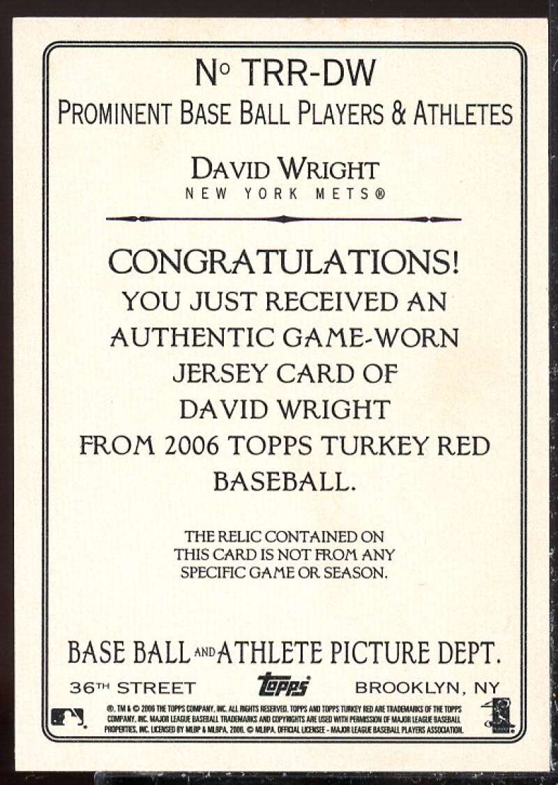 David Wright Card 2006 Topps Turkey Red Relics #DW  Image 2