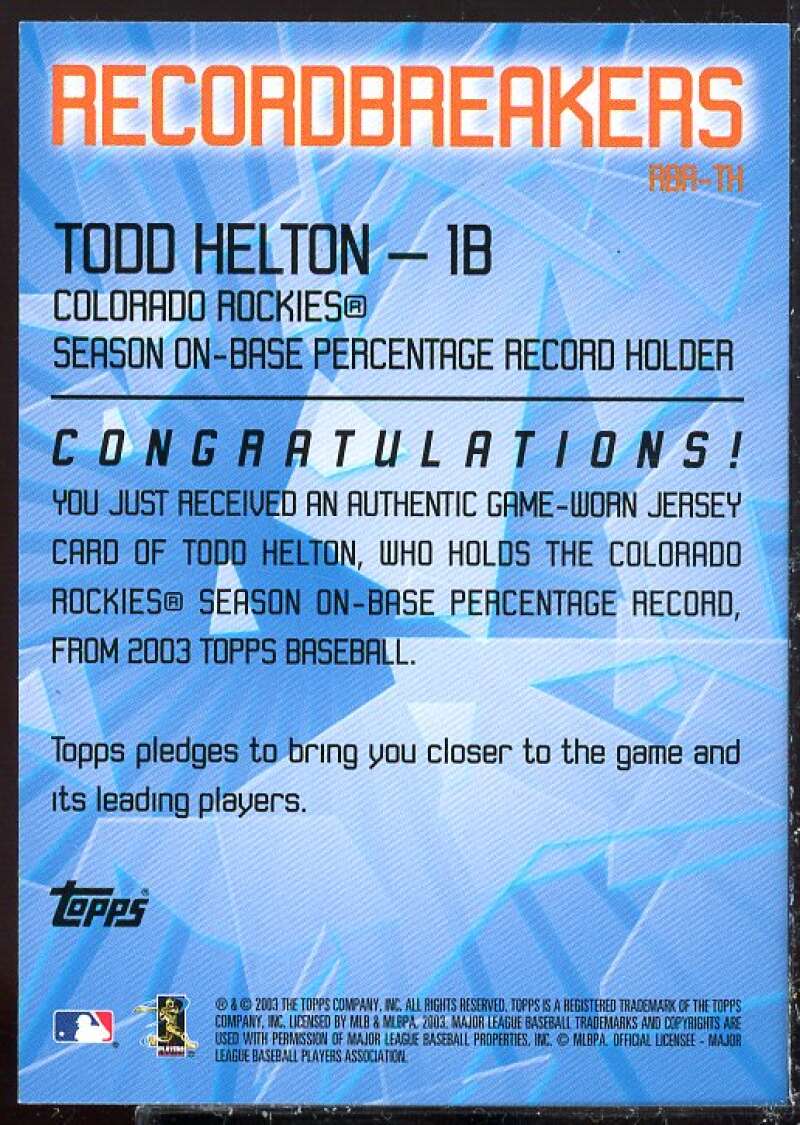 Todd Helton Card 2003 Topps Record Breakers Relics #TH2  Image 2