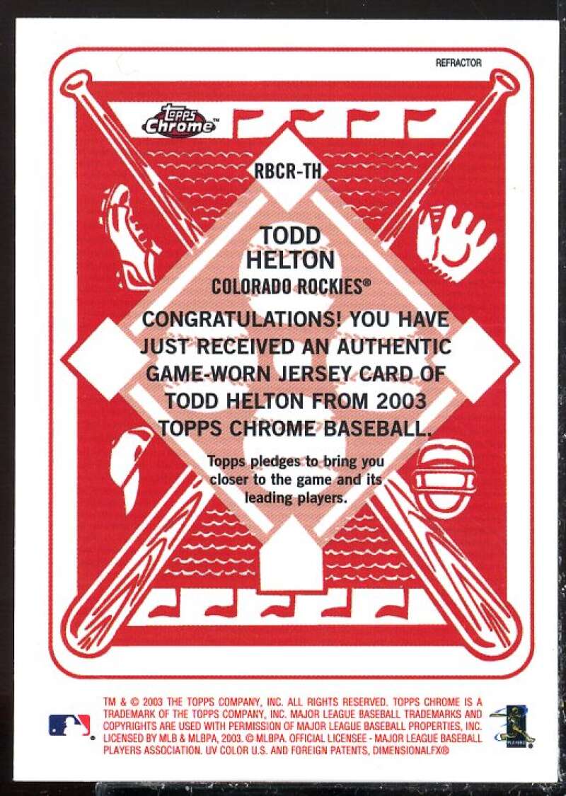 Todd Helton Card 2003 Topps Chrome Red Backs Relics #TH  Image 2