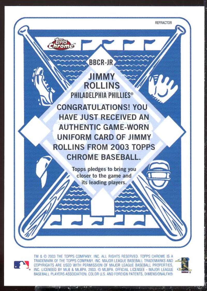 Jimmy Rollins Card 2003 Topps Chrome Blue Backs Relics #JR  Image 2