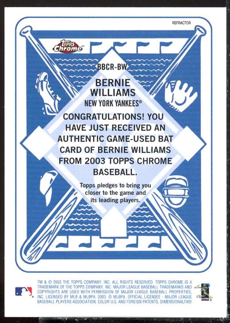 Bernie Williams Card 2003 Topps Chrome Blue Backs Relics #BW  Image 2