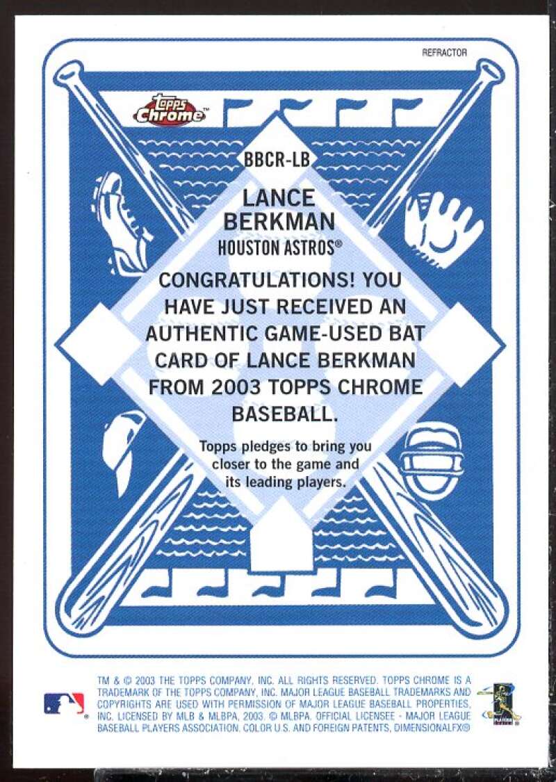 Lance Berkman Card 2003 Topps Chrome Blue Backs Relics #LB  Image 2