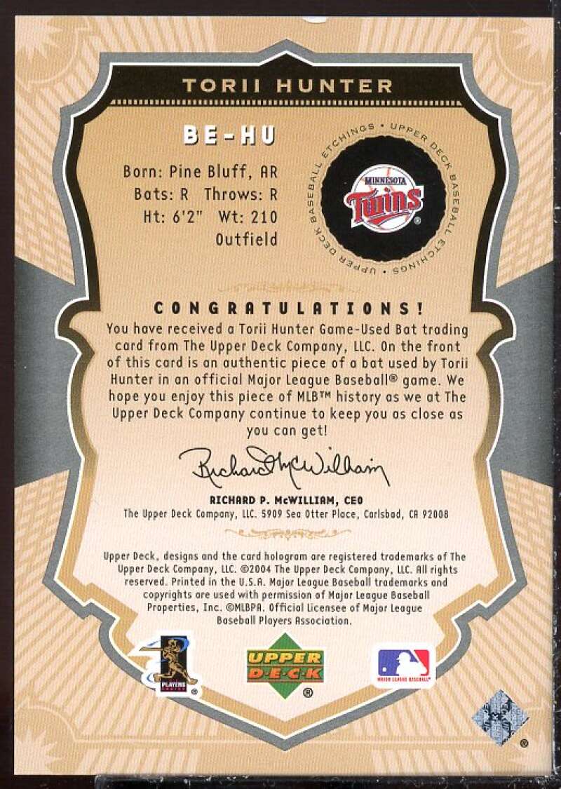 Torii Hunter SP Card 2004 Upper Deck Etchings Game Bat Blue #HU  Image 2