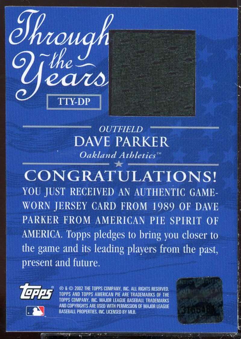 Dave Parker Card 2002 Topps American Pie Through the Years Relics #DP  Image 2
