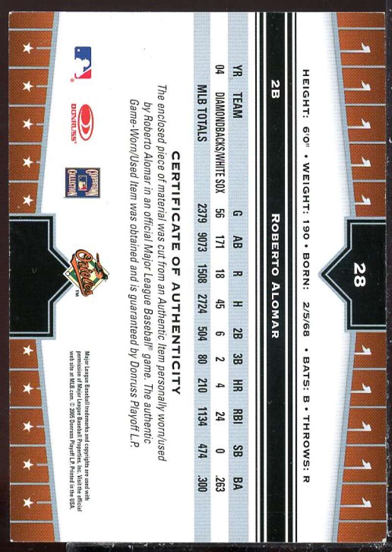 Roberto Alomar O's Card 2005 Donruss Champions Impressions Material #28  Image 2